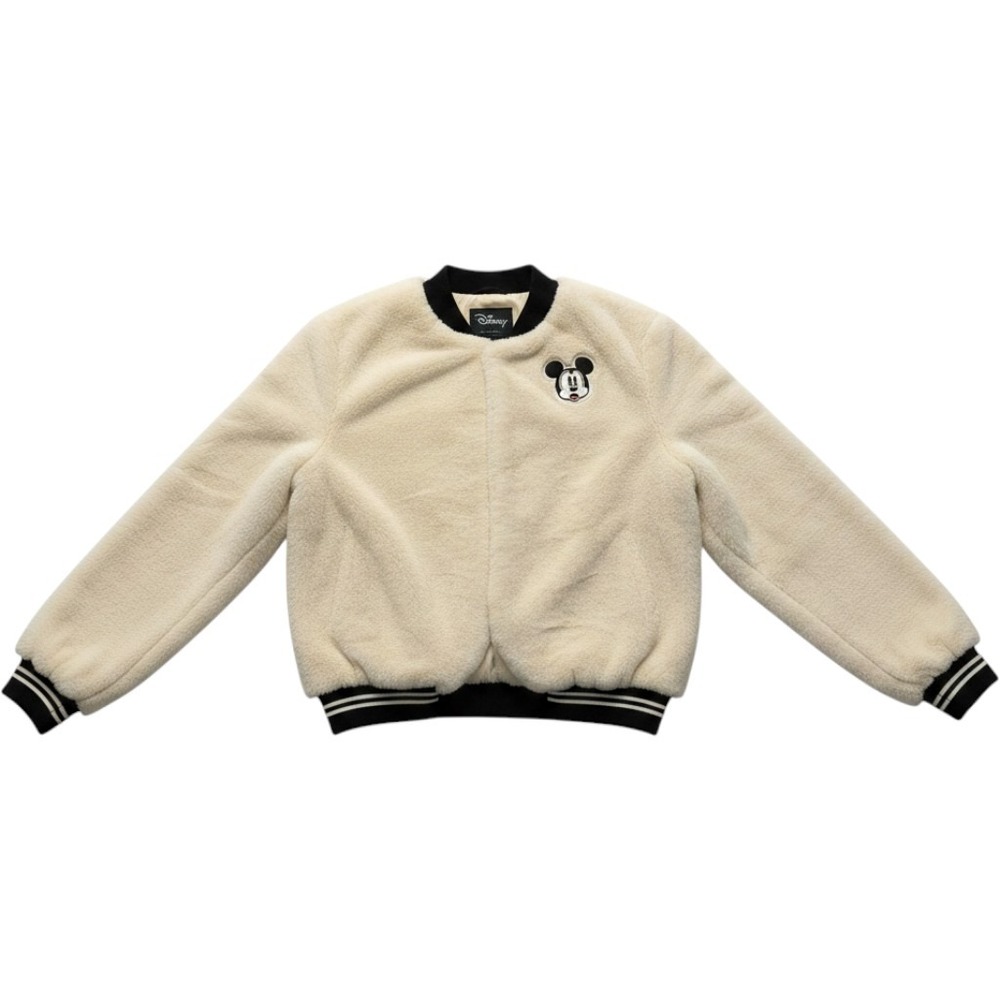 Disney Mickey Mouse Faux Fur Bomber Jacket Cream Black Women Medium RN115562